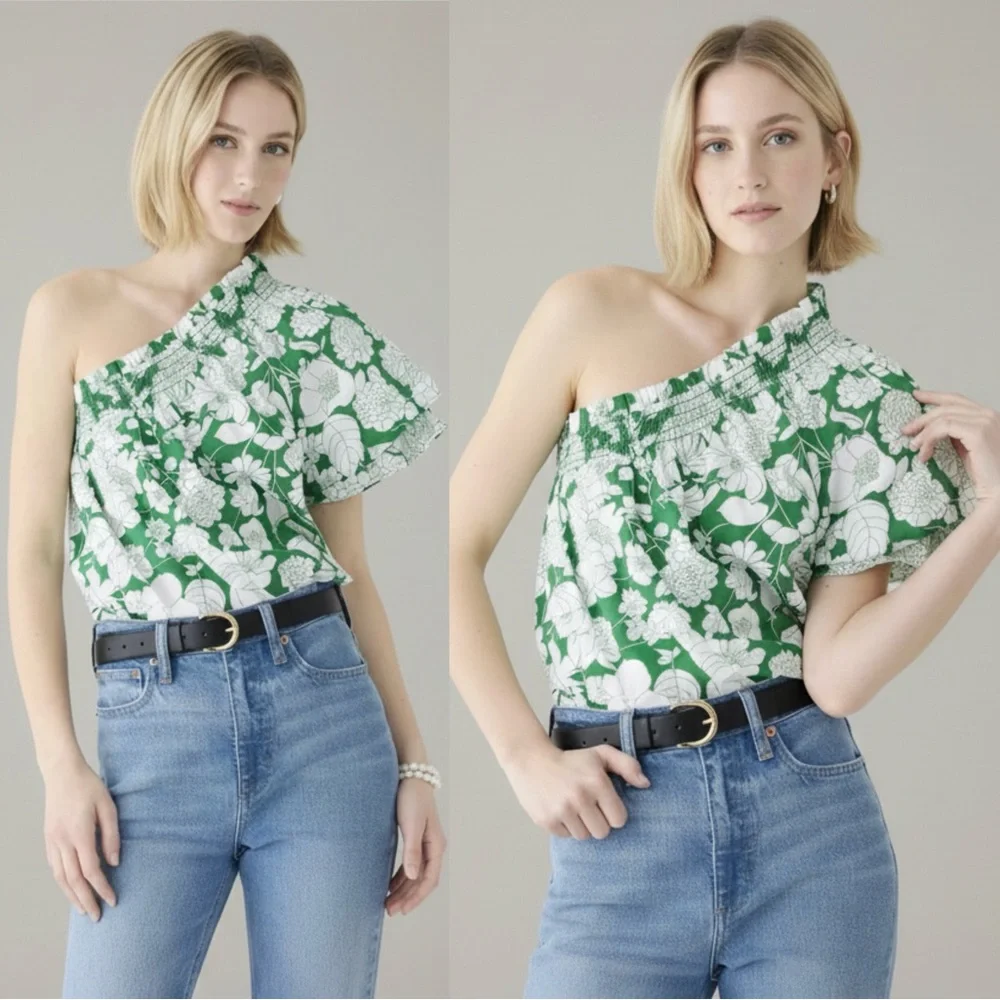 J. Crew Smocked One-Shoulder Cotton Top in Kelly Green - Sz. Medium - BNWT